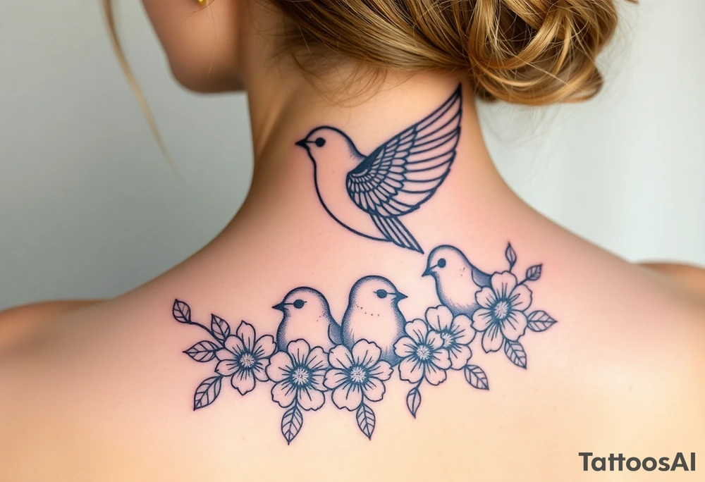Mom bird and three baby birds with flowers tattoo idea