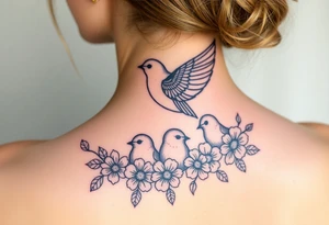 Mom bird and three baby birds with flowers tattoo idea