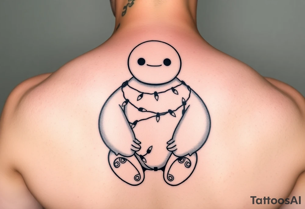 Disney Christmas themed sitting Baymax  wrapped up in mickey head shaped Christmas lights tattoo idea