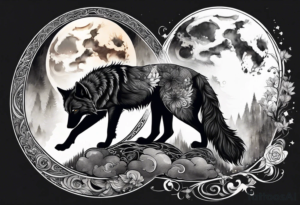 black wolf and white wolf in a ying yang style tattoo idea