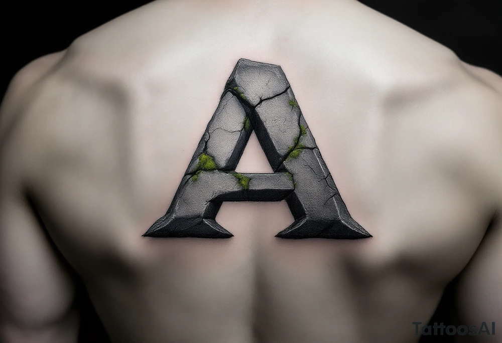 A cracked stone "A" in granite gray with mossy green details. tattoo idea