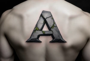 A cracked stone "A" in granite gray with mossy green details. tattoo idea