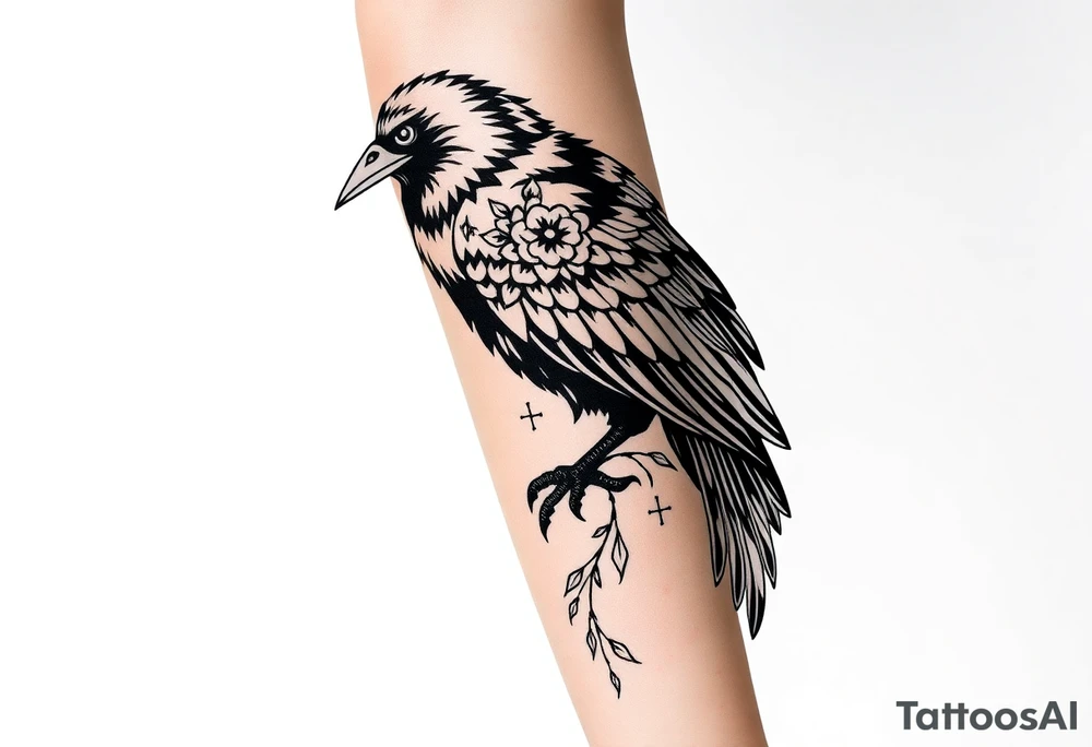 Nordic ornamental raven leg sleeve tattoo idea