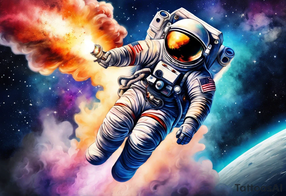 Apollo rocket blasting through deep space with subtle water colours and darkness with fade out tattoo idea