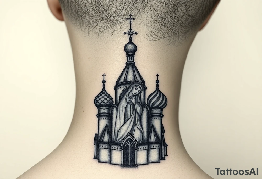 Flowing Scene

A onion domes orthodox church
Virgin Mary in prayer pose wrapping around the lower neck curve
A small double headed russian coat of arms eagle or just the star tucked above the dome near the hairline tattoo idea