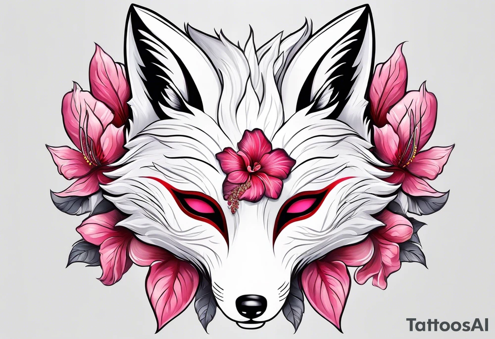 White fox mask with red accents and pink hibiscus flowers tattoo idea