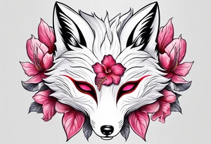 White fox mask with red accents and pink hibiscus flowers tattoo idea