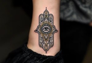 A black and gold Hamsa hand with intricate mandala patterns and an all-seeing eye in the center. tattoo idea