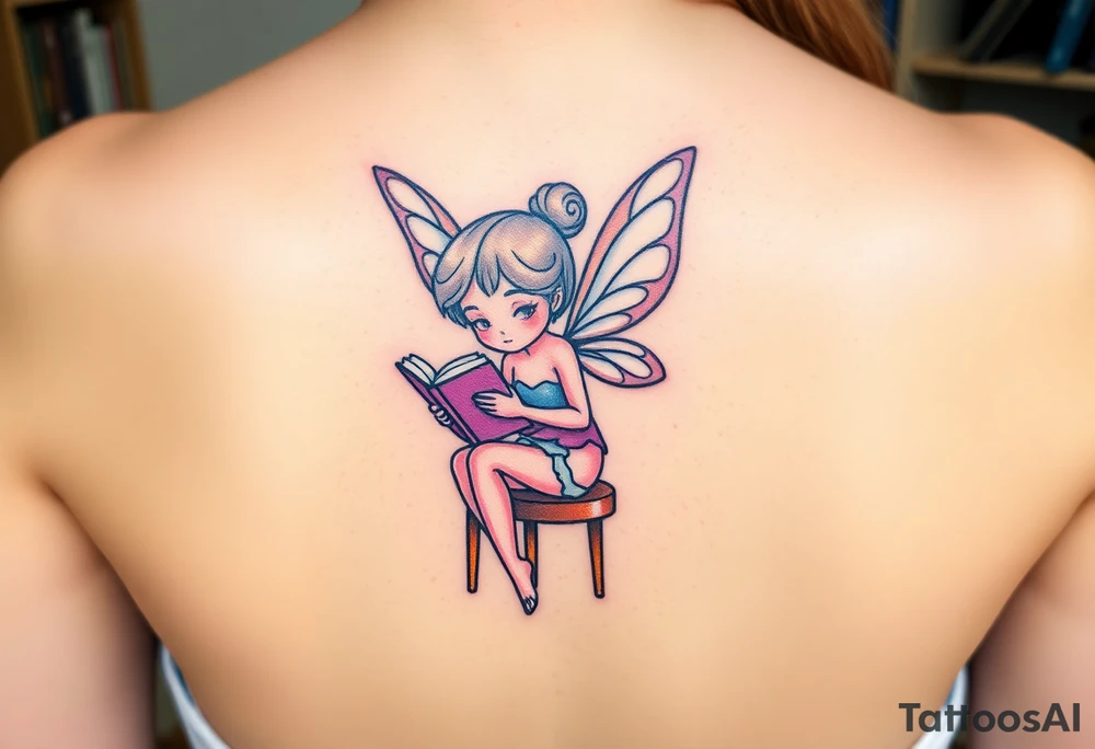 Fairy, reading a book, in a library, sitting in a chair tattoo idea