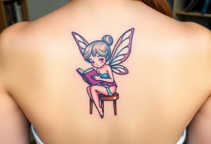 Fairy, reading a book, in a library, sitting in a chair tattoo idea