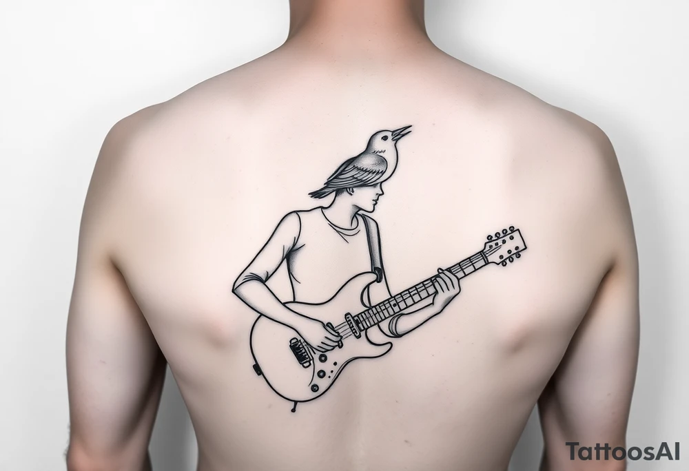 Surrealist tattoo of a Person playing electric guitar with top half of head not showing off and a bird flying out of head tattoo idea