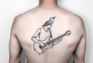 Surrealist tattoo of a Person playing electric guitar with top half of head not showing off and a bird flying out of head tattoo idea