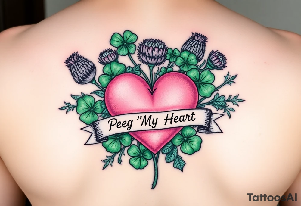 Bunch of Green shamrocks & thistles with a big pink heart and a banner across the heart that says " Peg 'o My Heart" tattoo idea