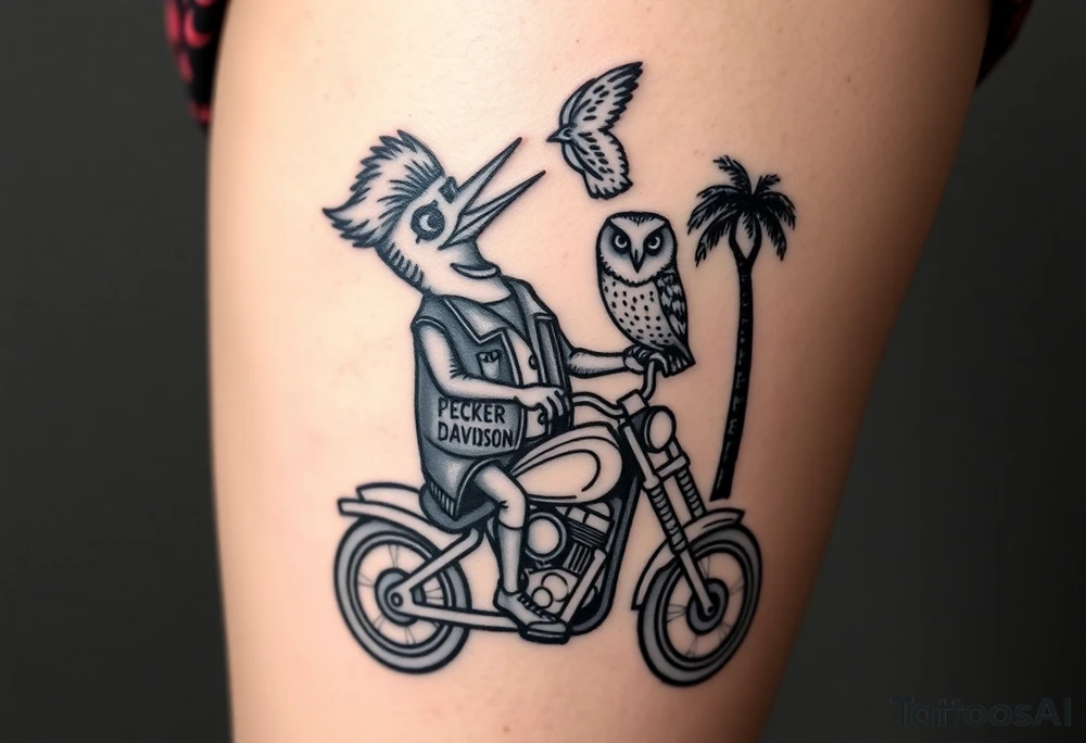 Woody the woodpecker wearing a leather vest that says peckerwoods, on a Harley Davidson under a palm tree, gazing in love at a barn owl tattoo idea