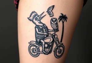 Woody the woodpecker wearing a leather vest that says peckerwoods, on a Harley Davidson under a palm tree, gazing in love at a barn owl tattoo idea