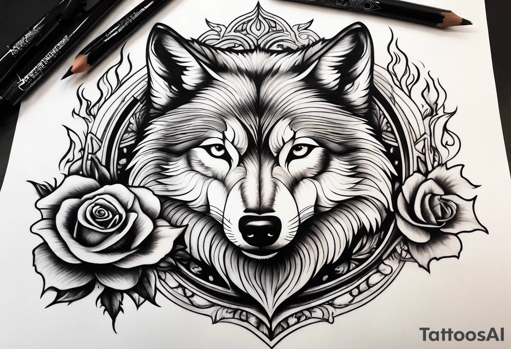 Rose with flames out of the top morphing into a wolf tattoo idea