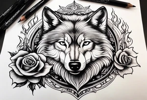 Rose with flames out of the top morphing into a wolf tattoo idea