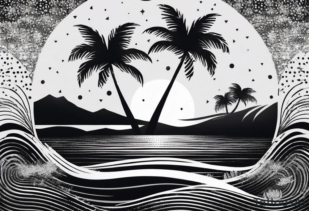palm tree front of a sun and waves tattoo idea