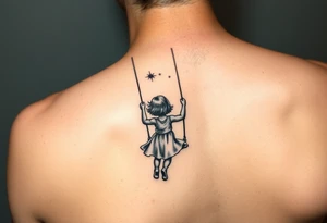 Little girl swinging in dark forest with the sun coming up but hasn’t reached her yet on arm tattoo idea
