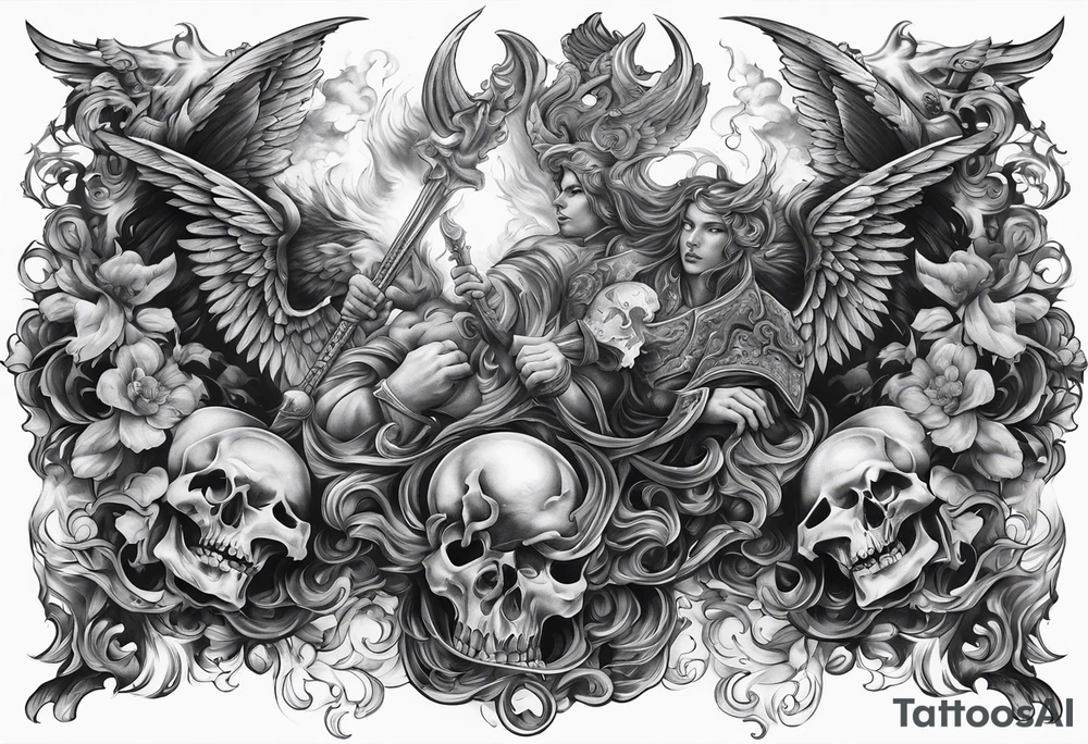 Angels fighting demons full sleeve with skulls and fire and smoke for filler tattoo idea