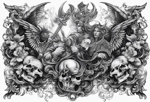 Angels fighting demons full sleeve with skulls and fire and smoke for filler tattoo idea