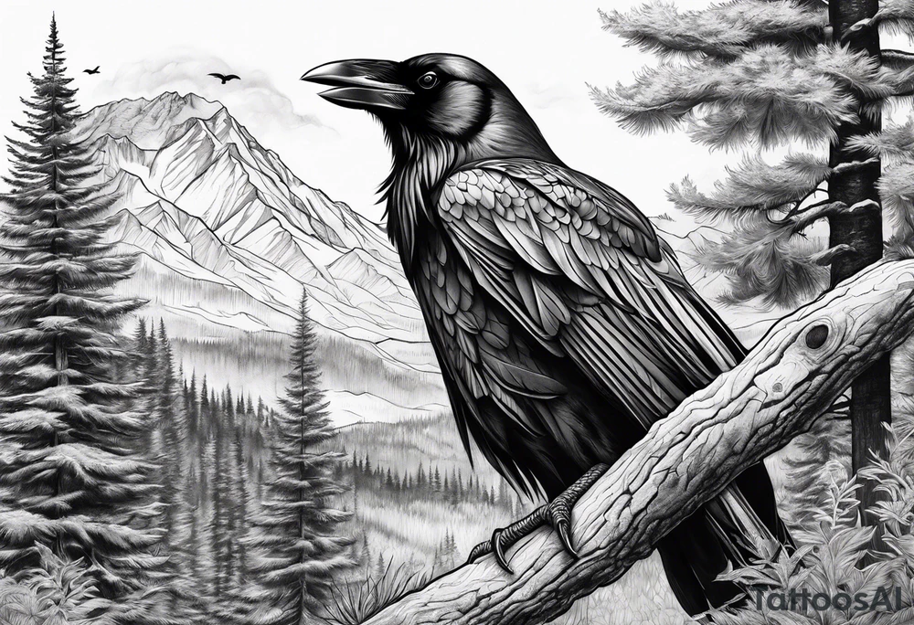Big raven in nature tattoo idea