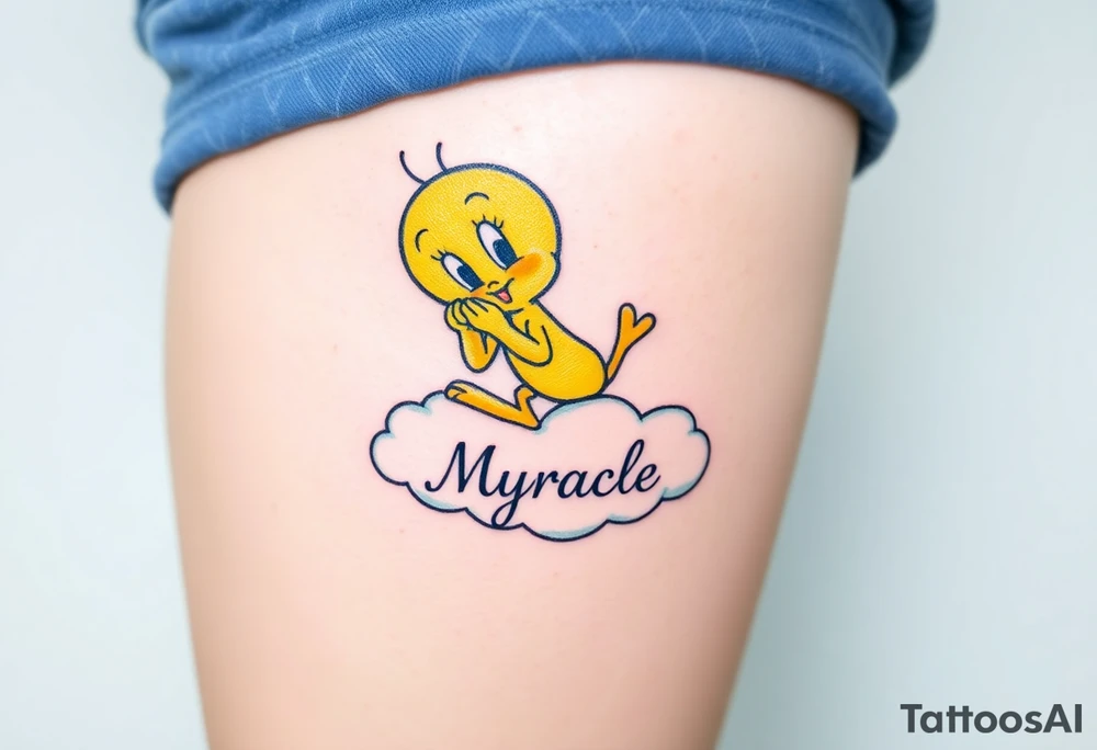 Tweety Bird on a cloud with his head in his hands looking up. Under the cloud in small capital letters is the name Myracle Blessing tattoo idea
