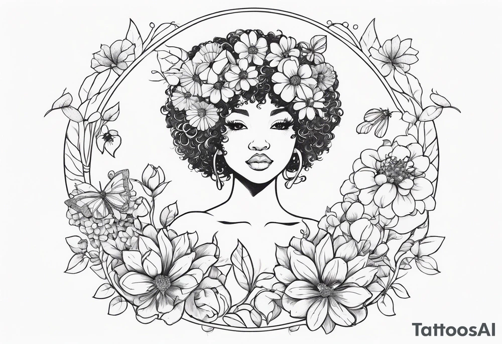 Flower fairy. A fairy with an afro and a boyquet of flowers tattoo idea