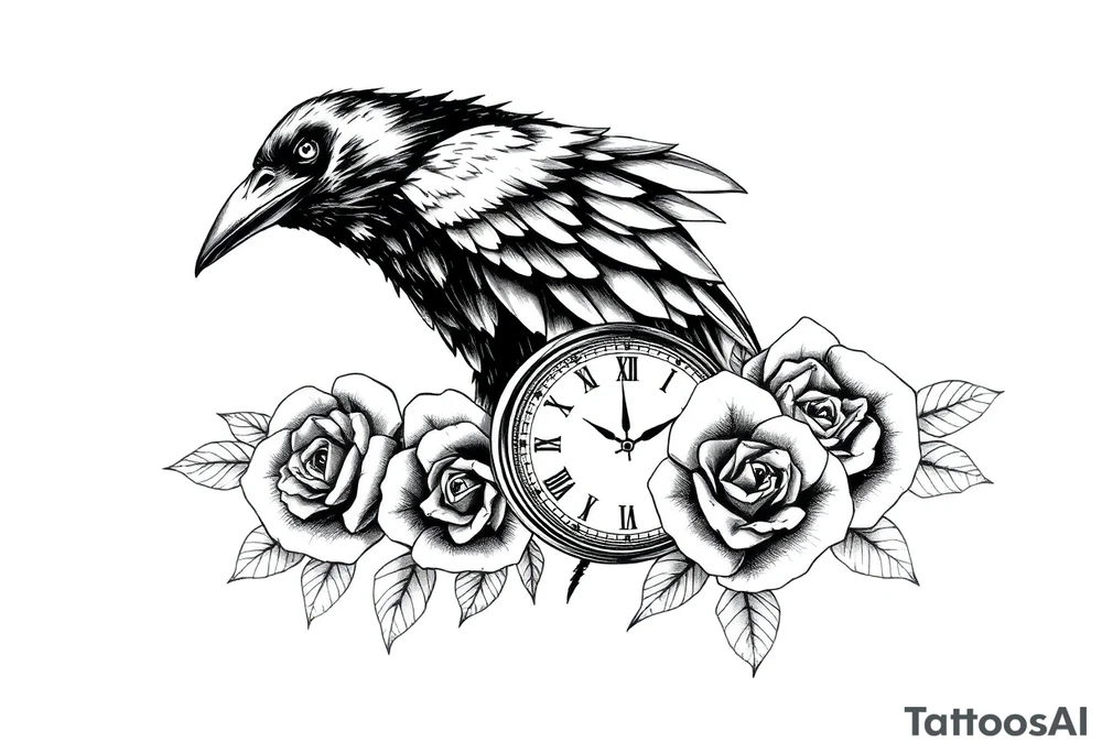 raven,roses,clock. tattoo idea