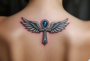 A sapphire-encrusted Ankh with silver wings, symbolizing spiritual ascension and divine wisdom. tattoo idea