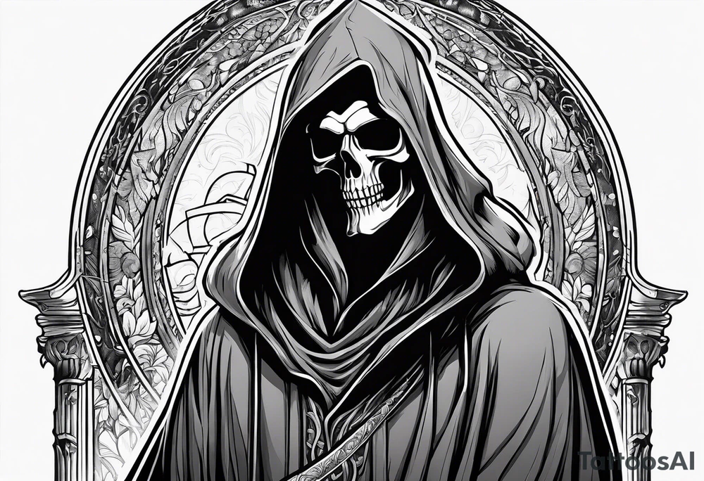 full body grim reaper with his hood off and a halo above his head tattoo idea