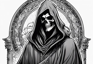 full body grim reaper with his hood off and a halo above his head tattoo idea