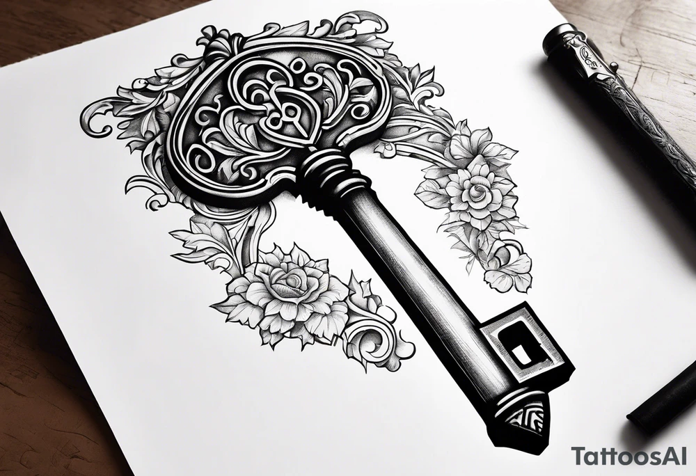 Antique key with alphabet letters as it's teeth tattoo idea