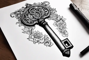 Antique key with alphabet letters as it's teeth tattoo idea