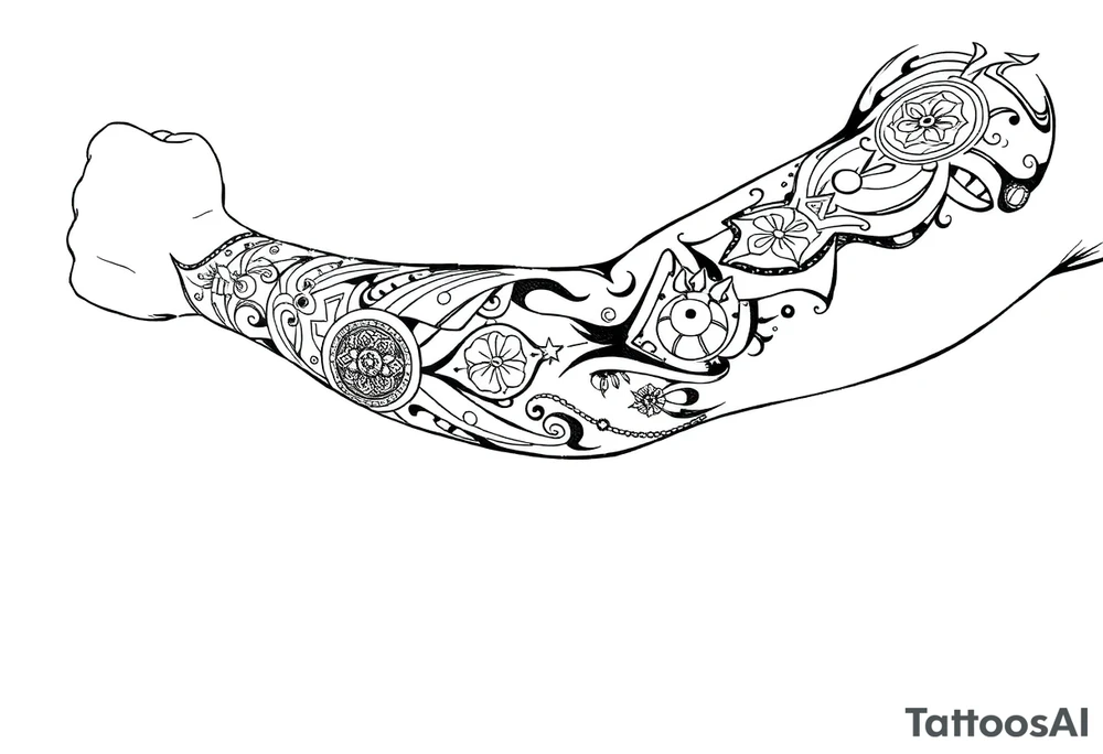 Sicilian Forearm tribal sleeve with patterns and symbols tattoo idea