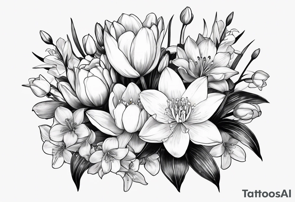 Water Lily, Lily of the Valley, Narcissus, and Gladiolus bouquet tattoo idea
