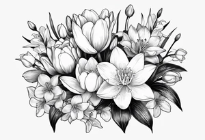 Water Lily, Lily of the Valley, Narcissus, and Gladiolus bouquet tattoo idea