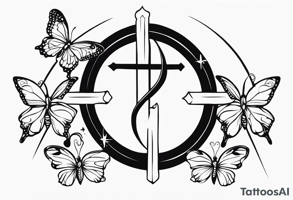 Capricorn sign and butterflies with a cross sleeve tattoo idea