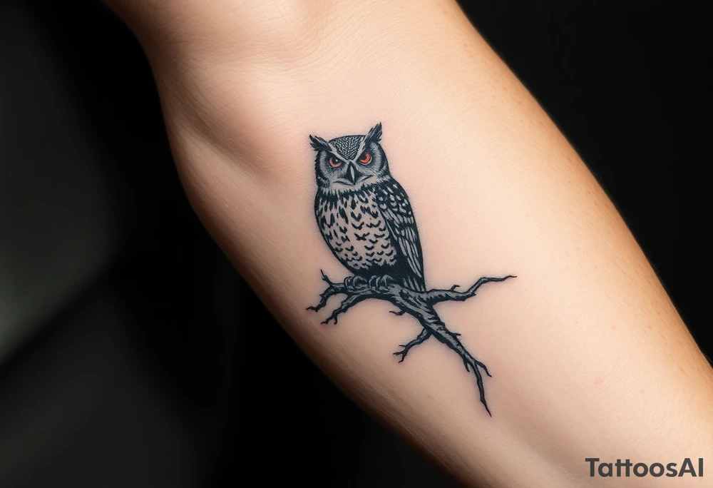 wise owl perched on ancient oak branch under starlit sky tattoo idea