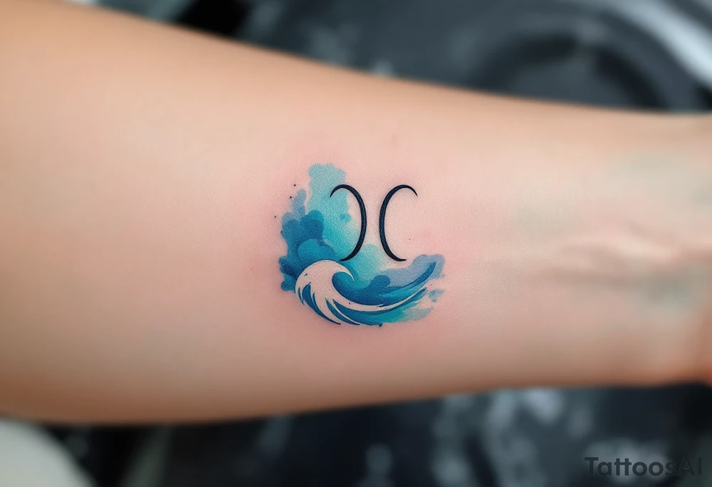A minimalist Aquarius symbol, surrounded by soft watercolor waves in hues of turquoise, indigo, and silver. tattoo idea