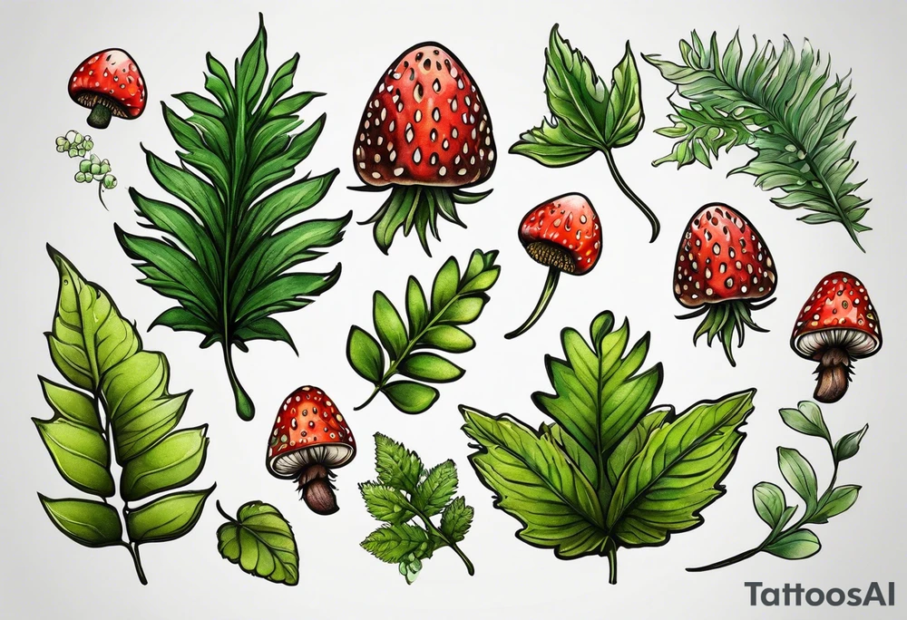 a delicate coloured realistic forest floor inspired tattoo, which must include: grass, ferns, small strawberries, a small flying bumblebee, some very small mushrooms, dead leaves tattoo idea