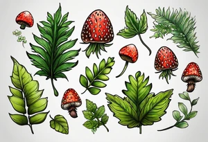 a delicate coloured realistic forest floor inspired tattoo, which must include: grass, ferns, small strawberries, a small flying bumblebee, some very small mushrooms, dead leaves tattoo idea
