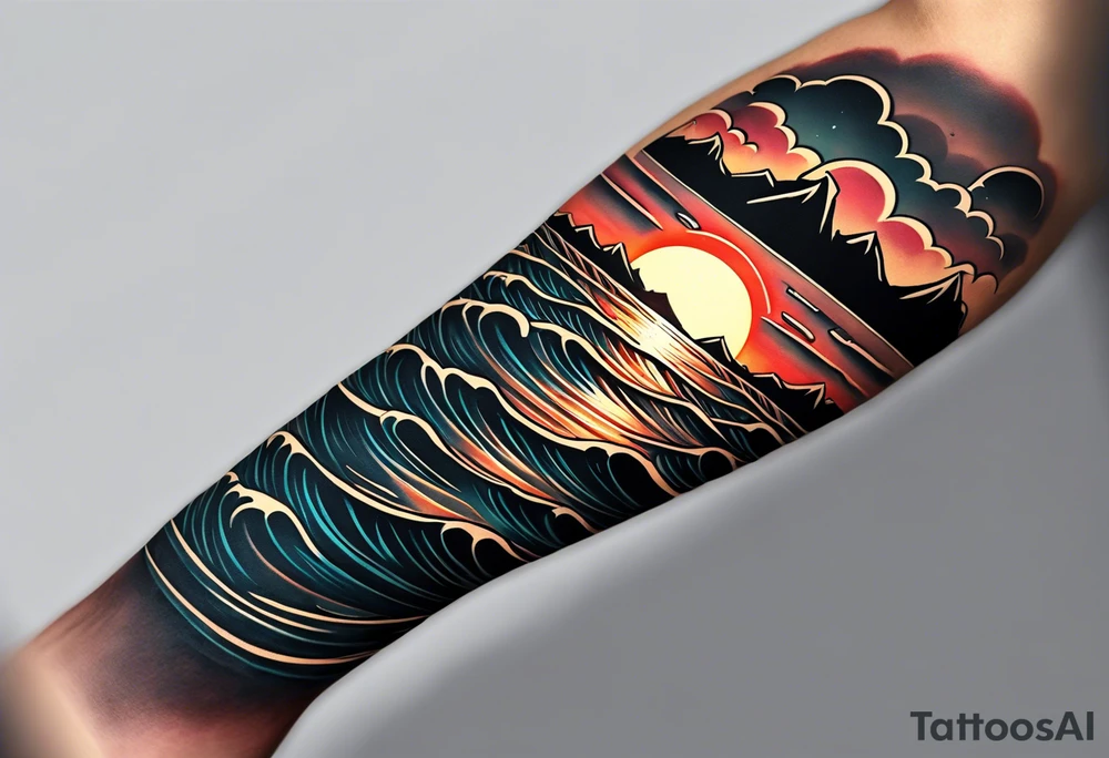 Tattoo on forearm from the perspective of being on the ocean at sunset. Water is calm, with no waves, the sun is setting behind the ocean, reflecting light onto the ocean. tattoo idea