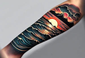 Tattoo on forearm from the perspective of being on the ocean at sunset. Water is calm, with no waves, the sun is setting behind the ocean, reflecting light onto the ocean. tattoo idea