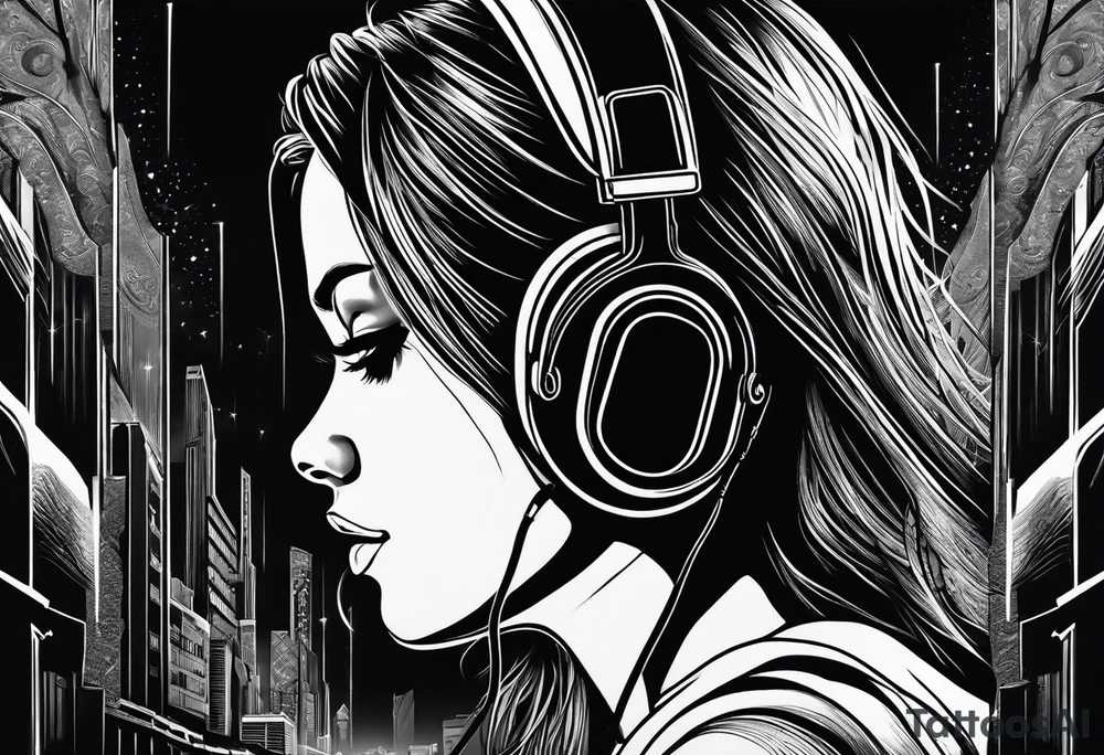a girl listening to music with over the ear headphones along a dark road at night showing her shadow tattoo idea