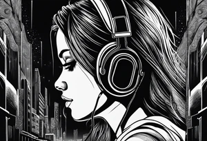 a girl listening to music with over the ear headphones along a dark road at night showing her shadow tattoo idea