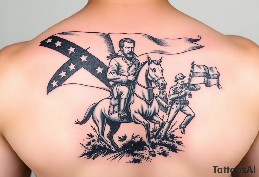 Confederate flag with a portrait of stonewall Jackson on a horse add in a battle scene with confederate soldiers winning & Jefferson Davis on one side tattoo idea