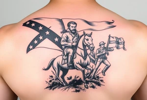 Confederate flag with a portrait of stonewall Jackson on a horse add in a battle scene with confederate soldiers winning & Jefferson Davis on one side tattoo idea