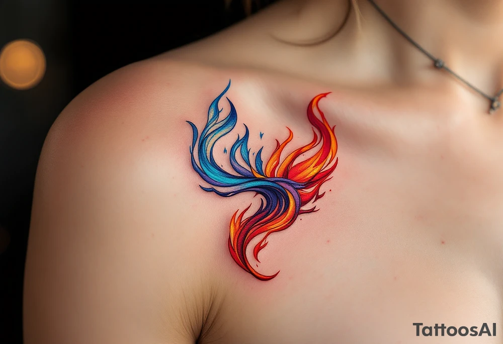 Two flames intertwined—one pure white with hints of sky blue, flickering softly like a candle in the wind, and the other deep crimson, jagged, and violent, consuming everything in its path. The flames twist together but never fully merge. tattoo idea