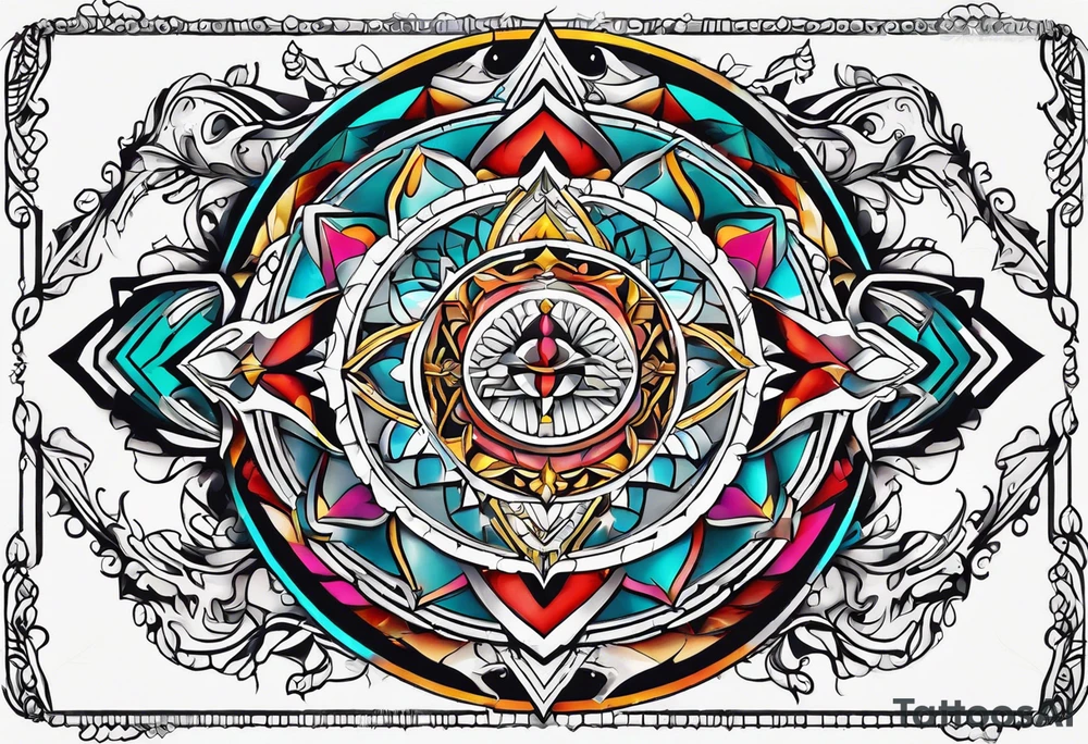 Bold geometric tapestry trident in colour on arm tattoo idea